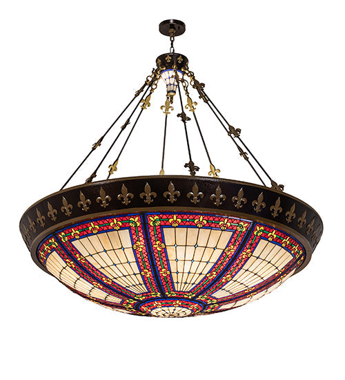 Meyda Lighting Fleur-de-lis 62" 20-Light Copper Vein & Gold Inverted Pendant Light With Multi-Colored Shade Glass