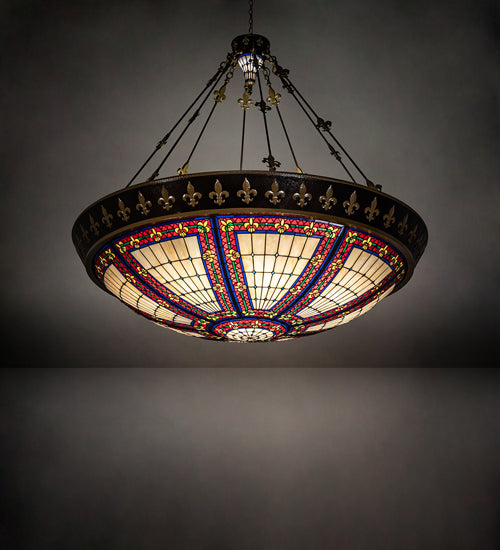 Meyda Lighting Fleur-de-lis 62" 20-Light Copper Vein & Gold Inverted Pendant Light With Multi-Colored Shade Glass