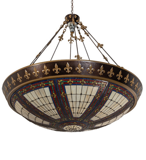Meyda Lighting Fleur-de-lis 62" 20-Light Copper Vein & Gold Inverted Pendant Light With Multi-Colored Shade Glass