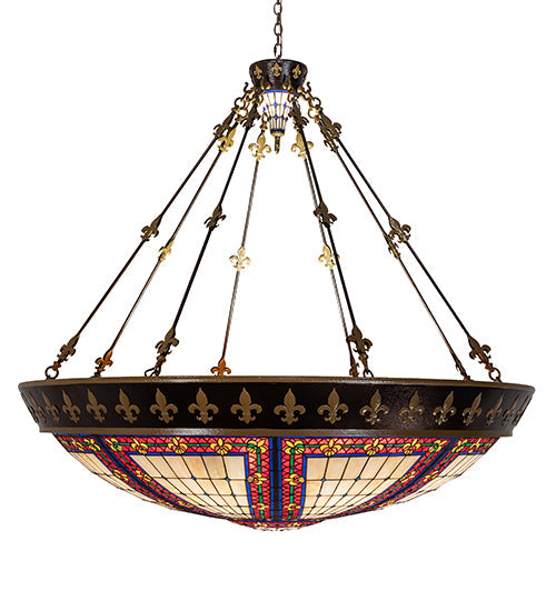 Meyda Lighting Fleur-de-lis 62" 20-Light Copper Vein & Gold Inverted Pendant Light With Multi-Colored Shade Glass