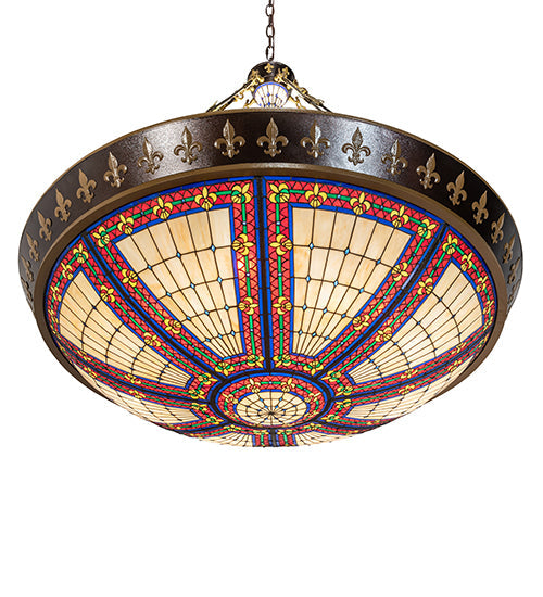 Meyda Lighting Fleur-de-lis 62" 20-Light Copper Vein & Gold Inverted Pendant Light With Multi-Colored Shade Glass