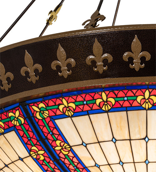 Meyda Lighting Fleur-de-lis 62" 20-Light Copper Vein & Gold Inverted Pendant Light With Multi-Colored Shade Glass