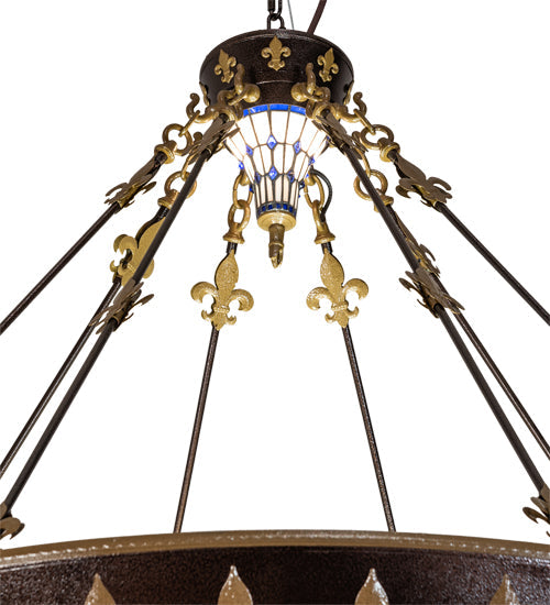 Meyda Lighting Fleur-de-lis 62" 20-Light Copper Vein & Gold Inverted Pendant Light With Multi-Colored Shade Glass