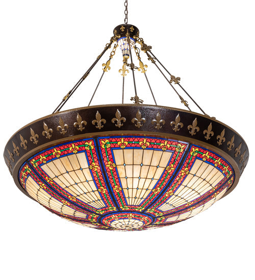 Meyda Lighting Fleur-de-lis 62" 20-Light Copper Vein & Gold Inverted Pendant Light With Multi-Colored Shade Glass