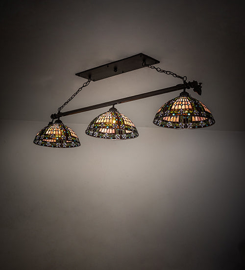 Meyda Lighting Fleur-de-lis 65" 3-Light Oil Rubbed Bronze Island Pendant Light With Multi-Colored Shade Glass