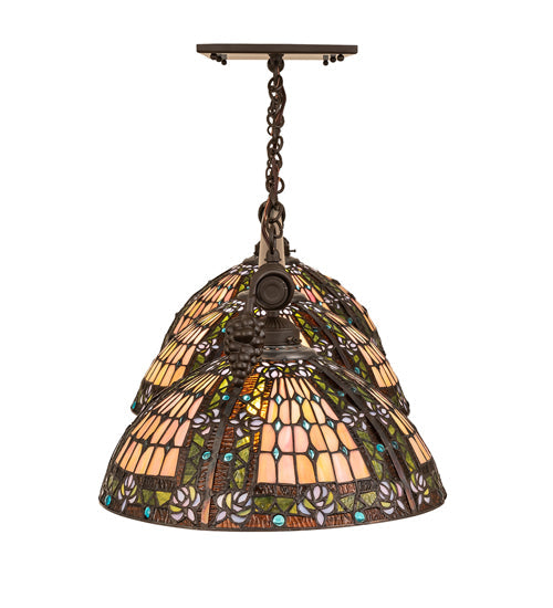Meyda Lighting Fleur-de-lis 65" 3-Light Oil Rubbed Bronze Island Pendant Light With Multi-Colored Shade Glass