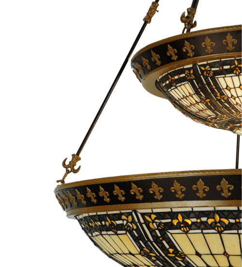 Meyda Lighting Fleur-de-lis 65165 45" 14-Light 2-Tier Mahogany Bronze Inverted Pendant Light With Multi-Colored Shade Glass