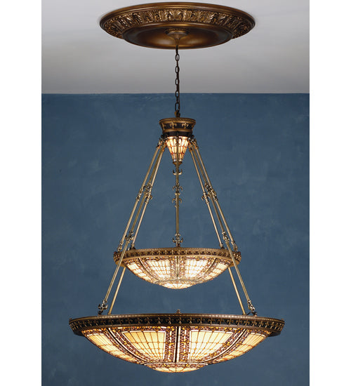 Meyda Lighting Fleur-de-lis 65165 45" 14-Light 2-Tier Mahogany Bronze Inverted Pendant Light With Multi-Colored Shade Glass