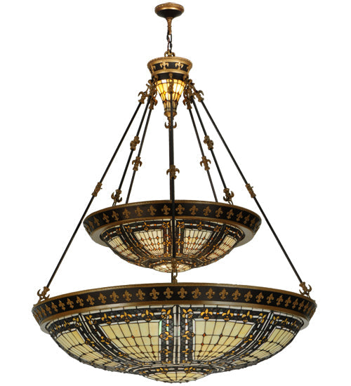 Meyda Lighting Fleur-de-lis 65165 45" 14-Light 2-Tier Mahogany Bronze Inverted Pendant Light With Multi-Colored Shade Glass