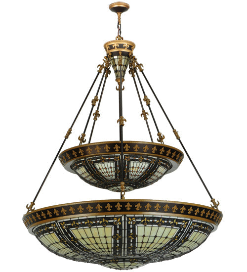 Meyda Lighting Fleur-de-lis 65165 45" 14-Light 2-Tier Mahogany Bronze Inverted Pendant Light With Multi-Colored Shade Glass