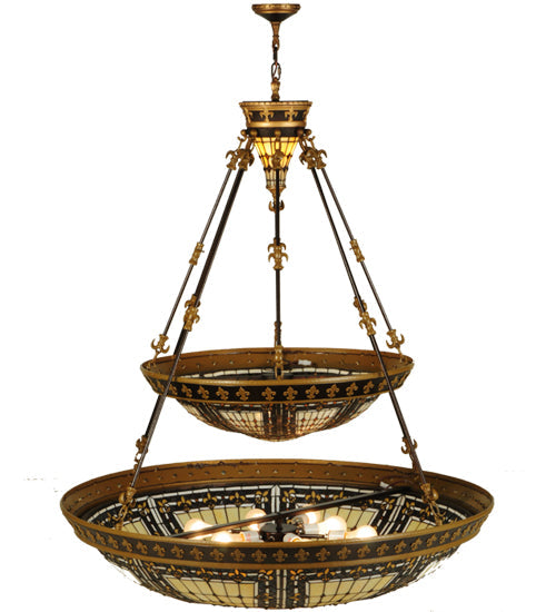 Meyda Lighting Fleur-de-lis 65165 45" 14-Light 2-Tier Mahogany Bronze Inverted Pendant Light With Multi-Colored Shade Glass