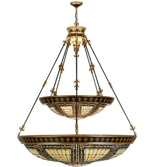 Meyda Lighting Fleur-de-lis 65165 45" 14-Light 2-Tier Mahogany Bronze Inverted Pendant Light With Multi-Colored Shade Glass
