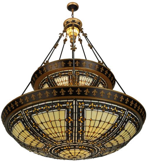Meyda Lighting Fleur-de-lis 65165 45" 14-Light 2-Tier Mahogany Bronze Inverted Pendant Light With Multi-Colored Shade Glass