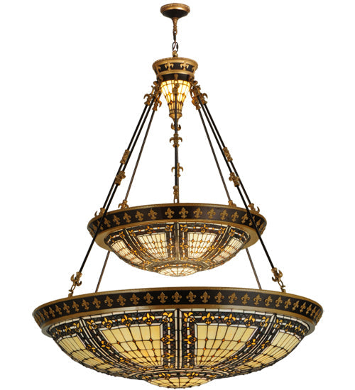Meyda Lighting Fleur-de-lis 65165 45" 14-Light 2-Tier Mahogany Bronze Inverted Pendant Light With Multi-Colored Shade Glass