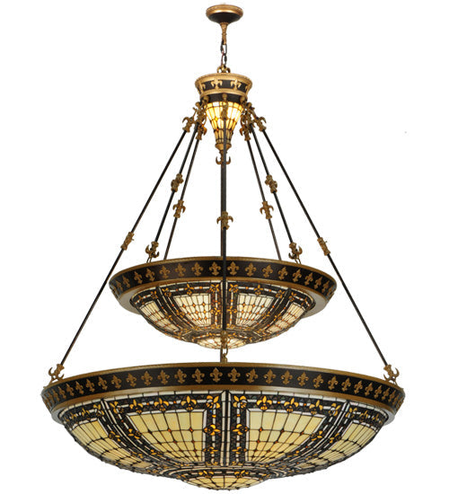 Meyda Lighting Fleur-de-lis 65165 45" 14-Light 2-Tier Mahogany Bronze Inverted Pendant Light With Multi-Colored Shade Glass