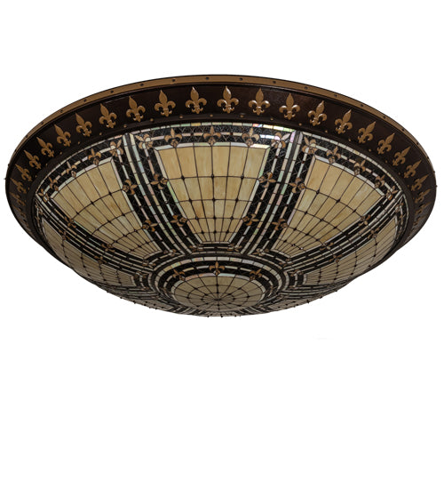 Meyda Lighting Fleur-de-lis 80" 12-Light Copper Vein & Gold Flush Mount Light With Multi-Colored Stained Shade Glass