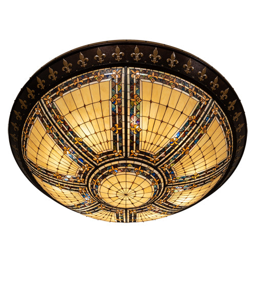 Meyda Lighting Fleur-de-lis 80" 12-Light Copper Vein & Gold Flush Mount Light With Multi-Colored Stained Shade Glass