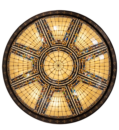 Meyda Lighting Fleur-de-lis 80" 12-Light Copper Vein & Gold Flush Mount Light With Multi-Colored Stained Shade Glass