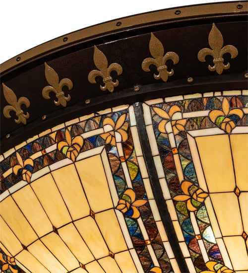 Meyda Lighting Fleur-de-lis 80" 12-Light Copper Vein & Gold Flush Mount Light With Multi-Colored Stained Shade Glass