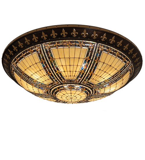 Meyda Lighting Fleur-de-lis 80" 12-Light Copper Vein & Gold Flush Mount Light With Multi-Colored Stained Shade Glass