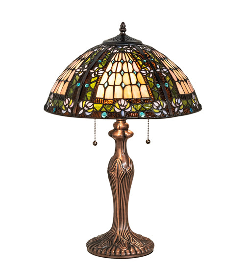 Meyda Lighting Fleur-de-lis 81447 23" 2-Light Mahogany Bronze Table Lamp With Multi-Colored Stained Shade Glass