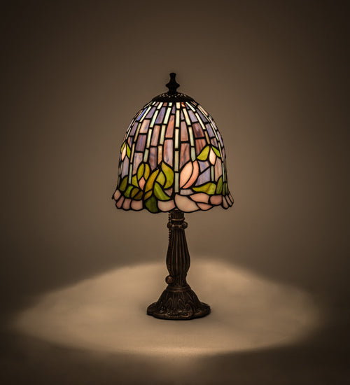 Meyda Lighting Flowering Lotus 15" Mahogany Bronze Mini Table Lamp With Multi-Colored Shade Glass