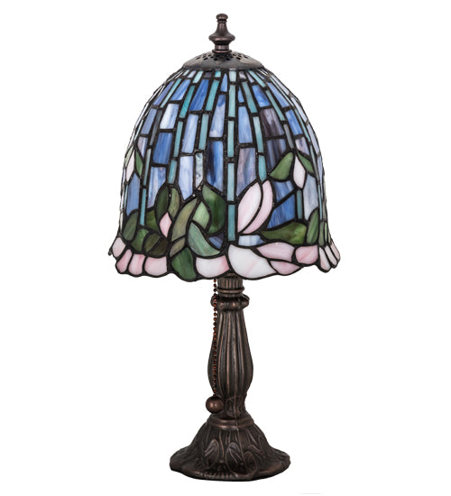Meyda Lighting Flowering Lotus 15" Mahogany Bronze Mini Table Lamp With Multi-Colored Shade Glass