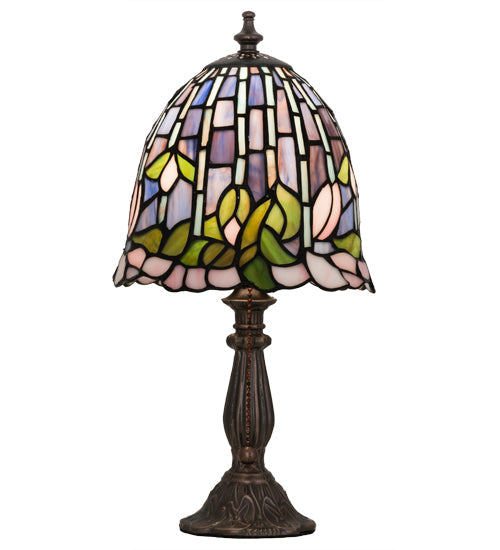 Meyda Lighting Flowering Lotus 15" Mahogany Bronze Mini Table Lamp With Multi-Colored Shade Glass