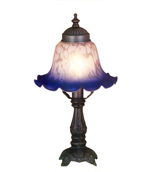 Meyda Lighting Fluted Bell 13" Mahogany Bronze Mini Table Lamp With White & Blue Shade Glass