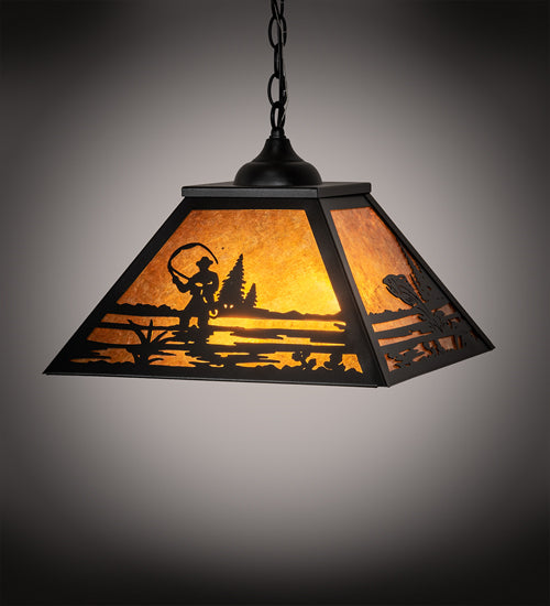 Meyda Lighting Fly Fisherman 22" 2-Light Textured Black Pendant Light With Amber Mica Shade Glass