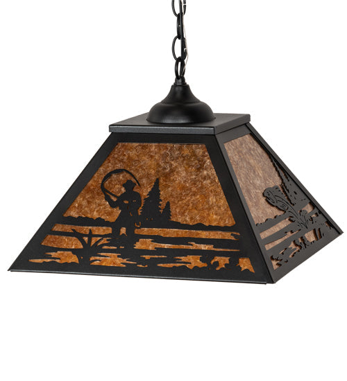 Meyda Lighting Fly Fisherman 22" 2-Light Textured Black Pendant Light With Amber Mica Shade Glass