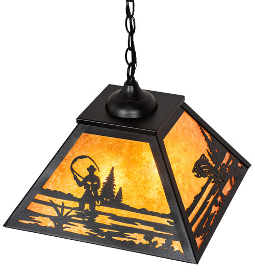 Meyda Lighting Fly Fisherman 22" 2-Light Textured Black Pendant Light With Amber Mica Shade Glass