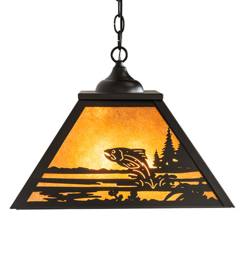Meyda Lighting Fly Fisherman 22" 2-Light Textured Black Pendant Light With Amber Mica Shade Glass