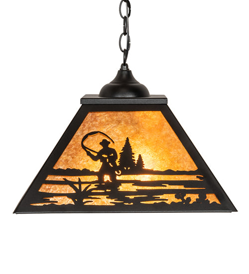 Meyda Lighting Fly Fisherman 22" 2-Light Textured Black Pendant Light With Amber Mica Shade Glass