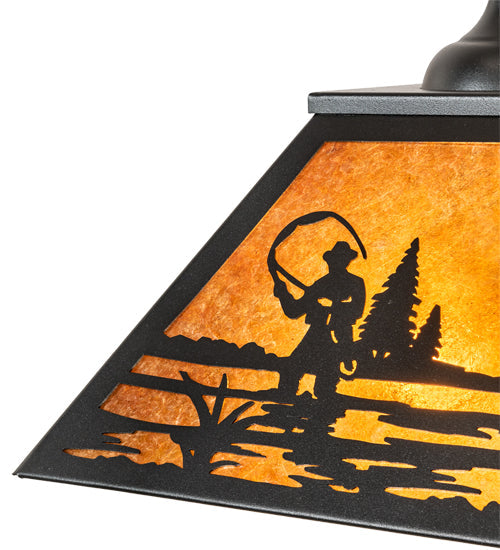 Meyda Lighting Fly Fisherman 22" 2-Light Textured Black Pendant Light With Amber Mica Shade Glass