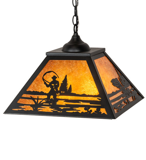 Meyda Lighting Fly Fisherman 22" 2-Light Textured Black Pendant Light With Amber Mica Shade Glass