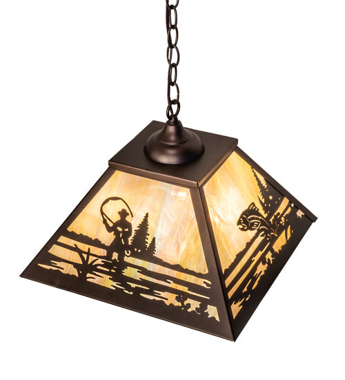 Meyda Lighting Fly Fisherman 23" 3-Light Mahogany Bronze Pendant Light With Beige Iridescent Shade Glass