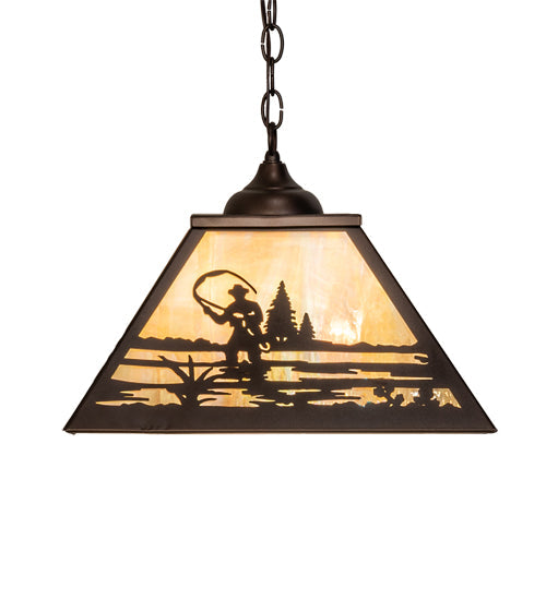 Meyda Lighting Fly Fisherman 23" 3-Light Mahogany Bronze Pendant Light With Beige Iridescent Shade Glass