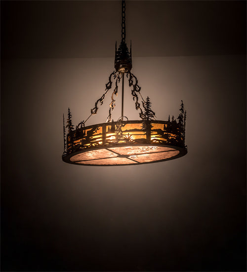 Meyda Lighting Fly Fisherman 30" 8-Light Dark Burnished Antique Copper Pendant Light With Amber & Silver Mica Shade Glass