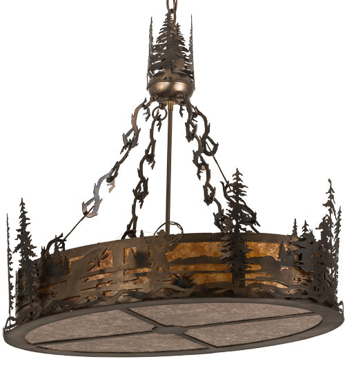Meyda Lighting Fly Fisherman 30" 8-Light Dark Burnished Antique Copper Pendant Light With Amber & Silver Mica Shade Glass