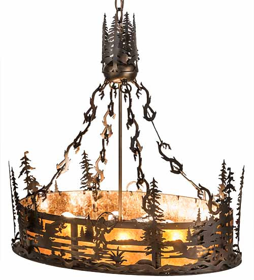 Meyda Lighting Fly Fisherman 30" 8-Light Dark Burnished Antique Copper Pendant Light With Amber & Silver Mica Shade Glass