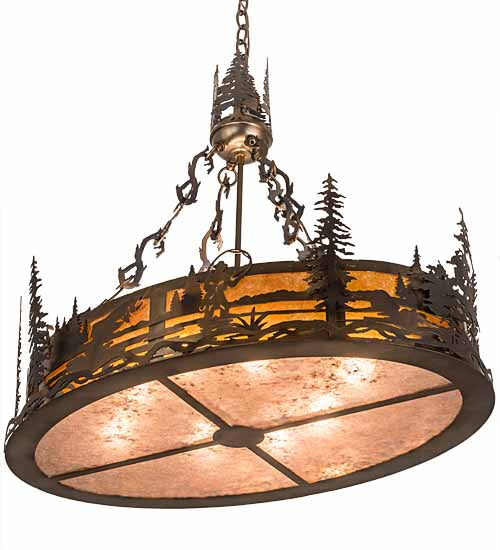 Meyda Lighting Fly Fisherman 30" 8-Light Dark Burnished Antique Copper Pendant Light With Amber & Silver Mica Shade Glass