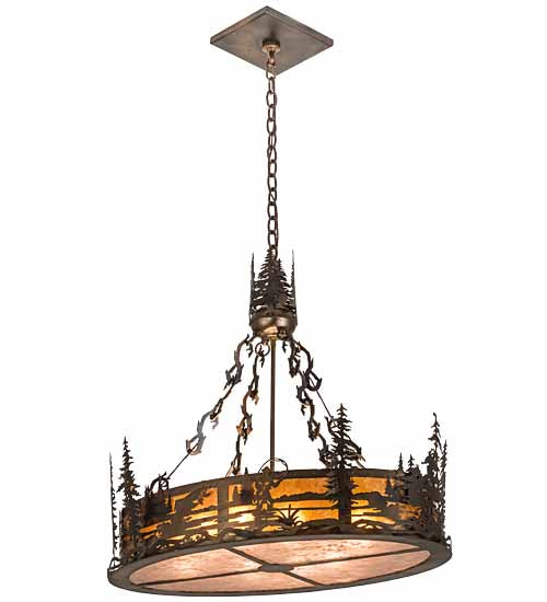 Meyda Lighting Fly Fisherman 30" 8-Light Dark Burnished Antique Copper Pendant Light With Amber & Silver Mica Shade Glass