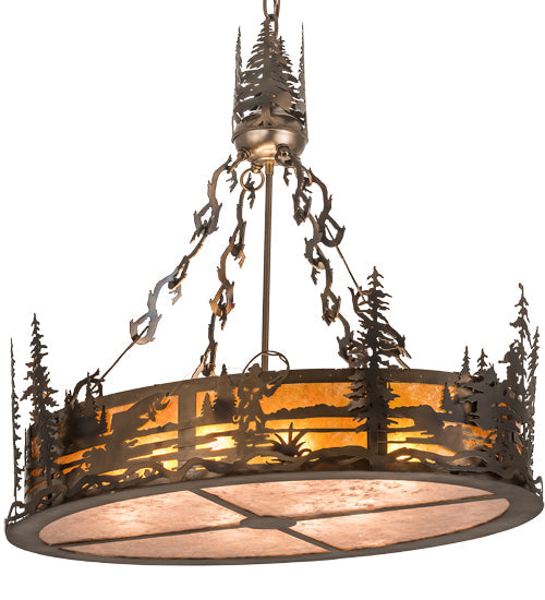 Meyda Lighting Fly Fisherman 30" 8-Light Dark Burnished Antique Copper Pendant Light With Amber & Silver Mica Shade Glass