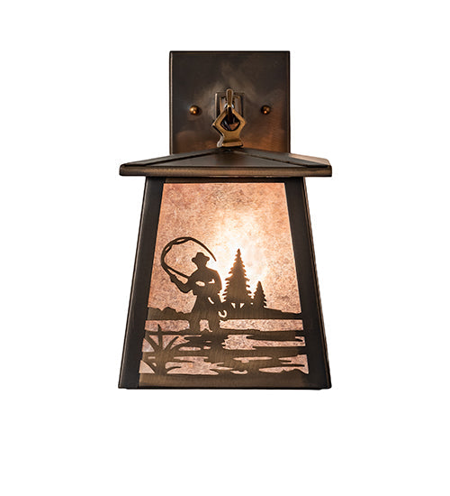 Meyda Lighting Fly Fisherman 7" Antique Copper Hanging Wall Sconce With Silver Mica Shade Glass