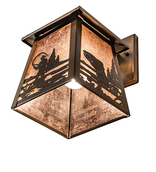 Meyda Lighting Fly Fisherman 7" Antique Copper Hanging Wall Sconce With Silver Mica Shade Glass