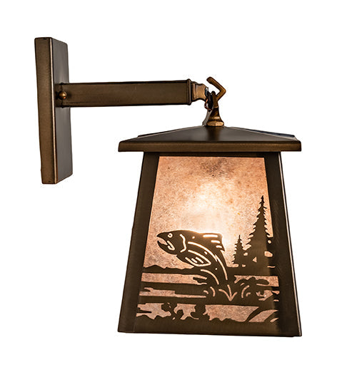 Meyda Lighting Fly Fisherman 7" Antique Copper Hanging Wall Sconce With Silver Mica Shade Glass