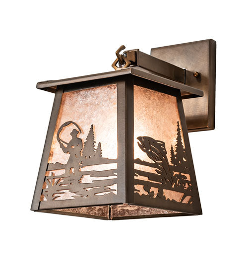 Meyda Lighting Fly Fisherman 7" Antique Copper Hanging Wall Sconce With Silver Mica Shade Glass