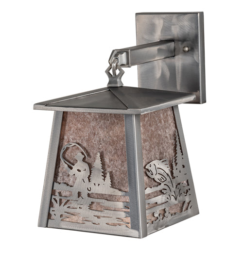 Meyda Lighting Fly Fisherman 7" Industrial Steel Hanging Wall Sconce With Silver Mica Shade Glass