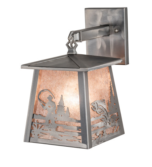 Meyda Lighting Fly Fisherman 7" Industrial Steel Hanging Wall Sconce With Silver Mica Shade Glass